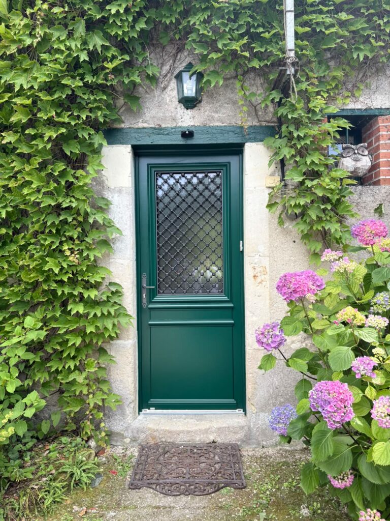 porte d'entrée verte avec grille